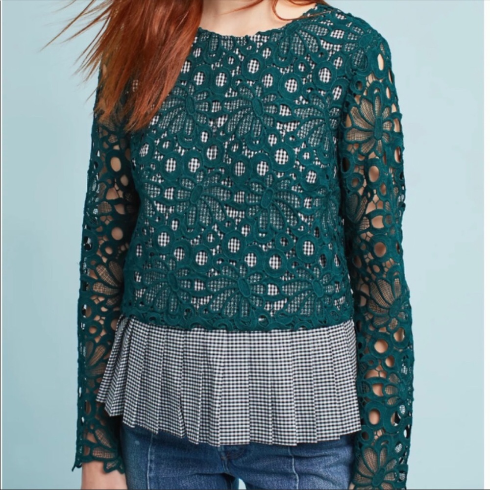 ANTHROPOLOGIE MAEVE TOP GABRIELLA GINGHAM LACE PLAID GREEN SIZE LARGE